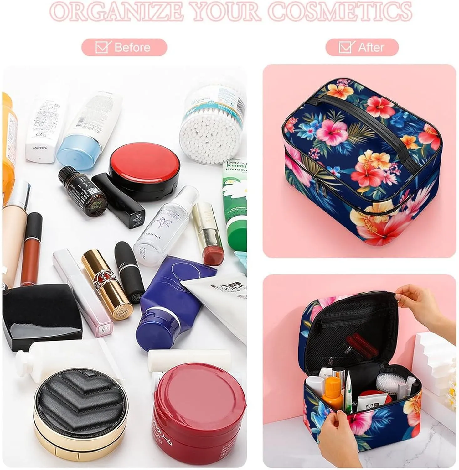 Stylish Cosmetic Bag for Women, Travel Toiletry Storage Bag with with Zipper Pouch Tropical Hawaiian Colorful Hibiscus Flowers Makeup Organizer Case