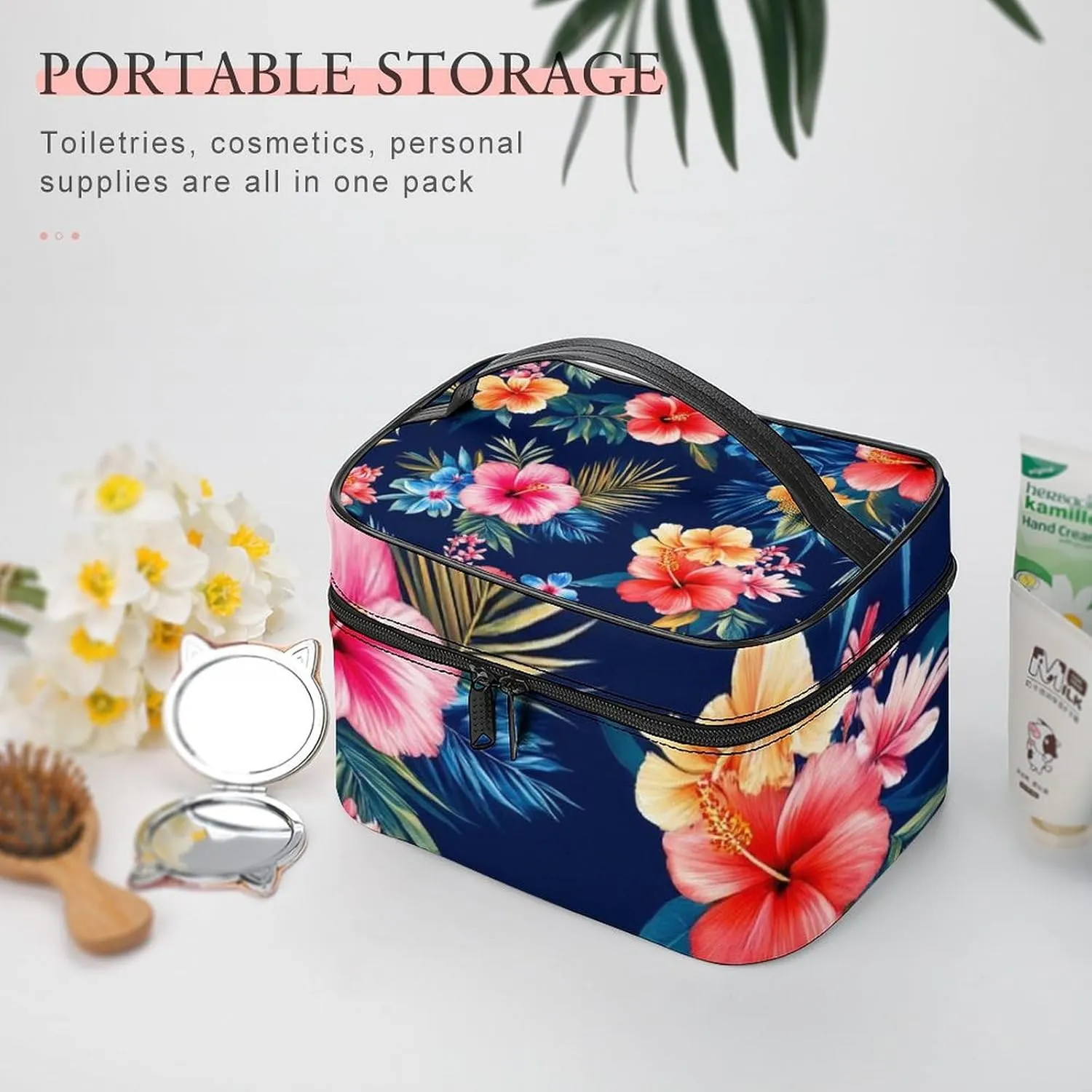 Stylish Cosmetic Bag for Women, Travel Toiletry Storage Bag with with Zipper Pouch Tropical Hawaiian Colorful Hibiscus Flowers Makeup Organizer Case