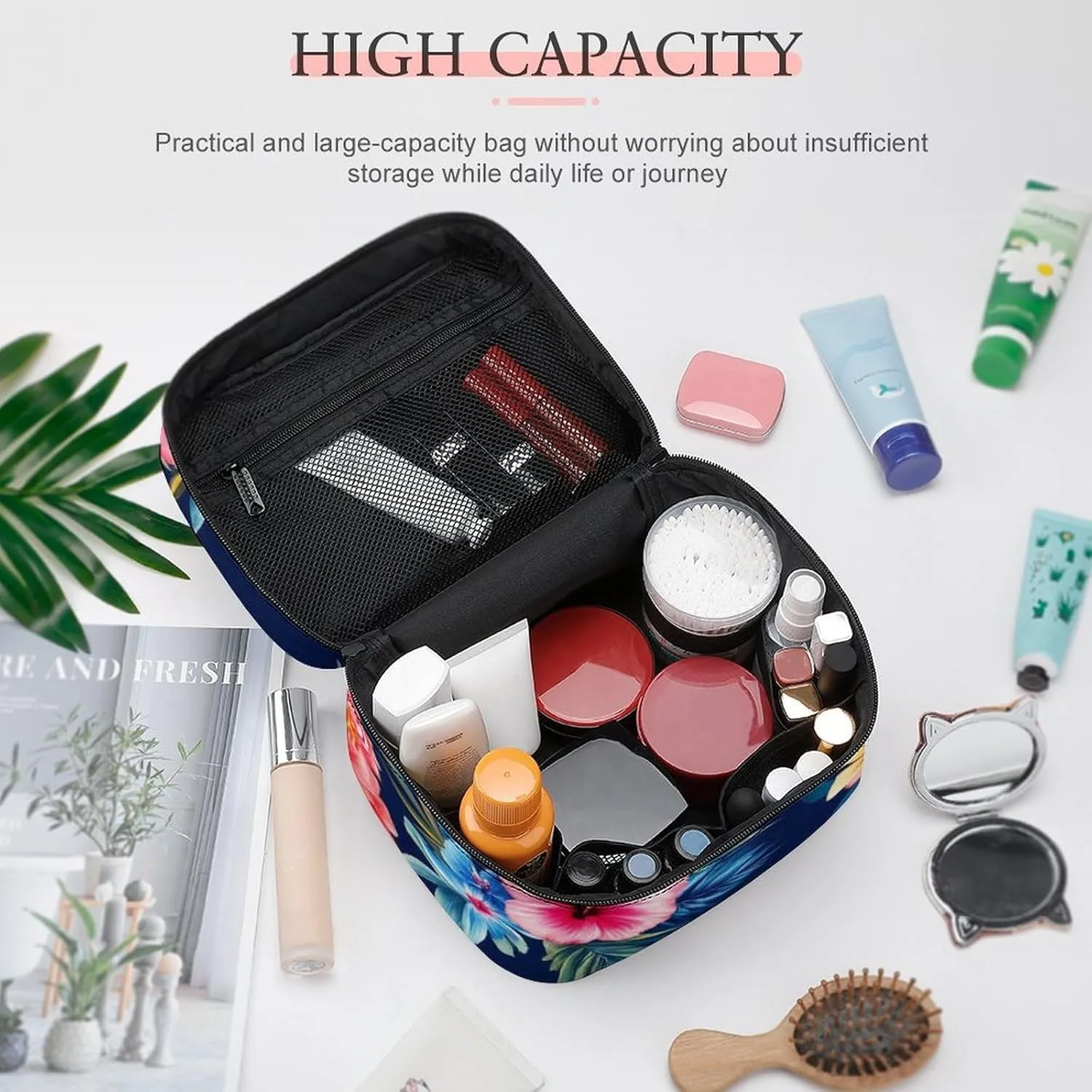 Stylish Cosmetic Bag for Women, Travel Toiletry Storage Bag with with Zipper Pouch Tropical Hawaiian Colorful Hibiscus Flowers Makeup Organizer Case