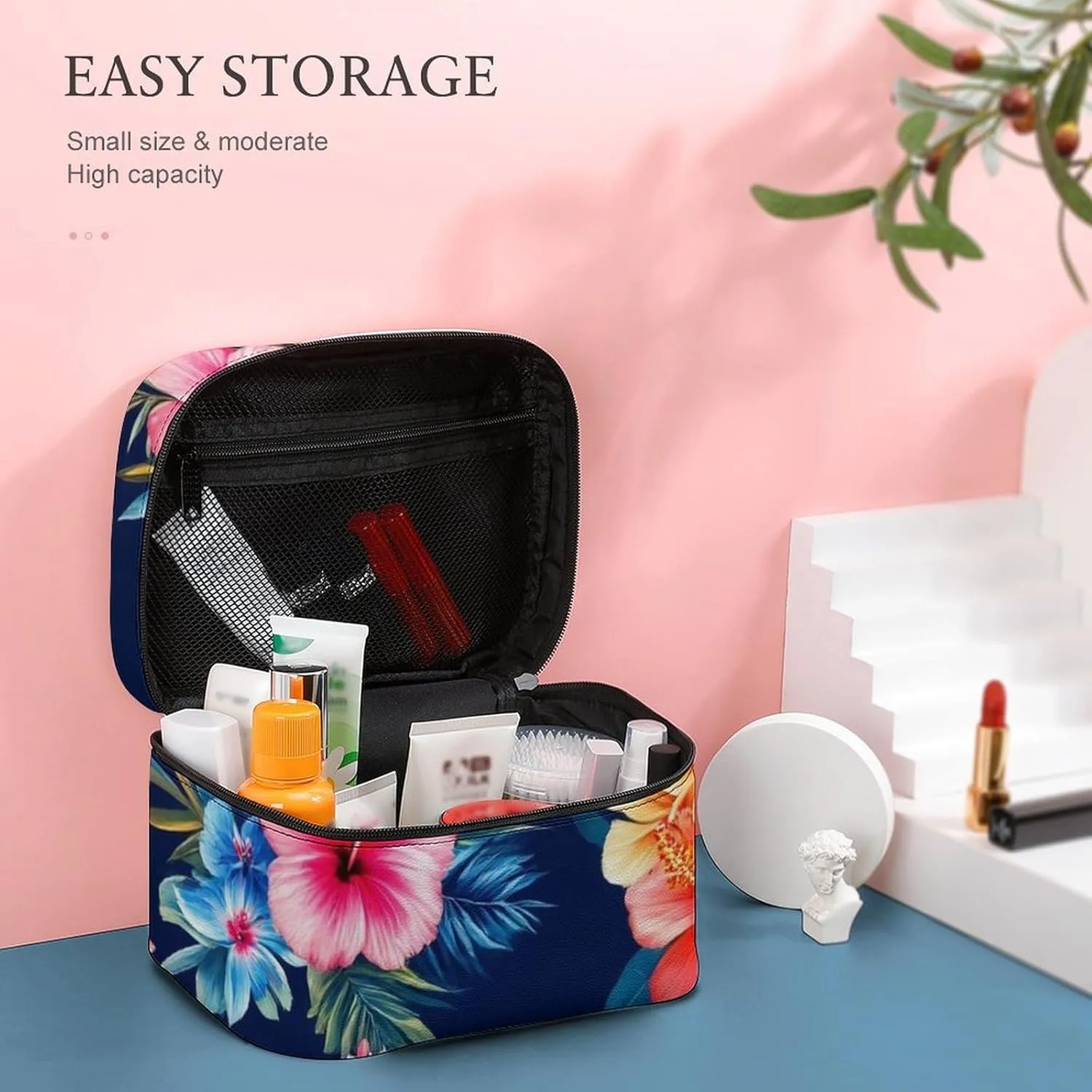 Stylish Cosmetic Bag for Women, Travel Toiletry Storage Bag with with Zipper Pouch Tropical Hawaiian Colorful Hibiscus Flowers Makeup Organizer Case