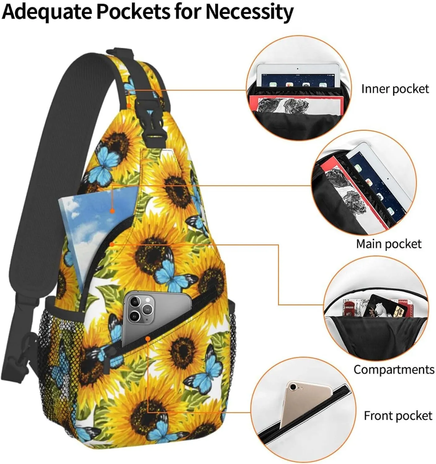 Sunflower Butterflies Crossbody Sling Backpack Sling Bag Adjustable Chest Shoulder Daypack For Women Men