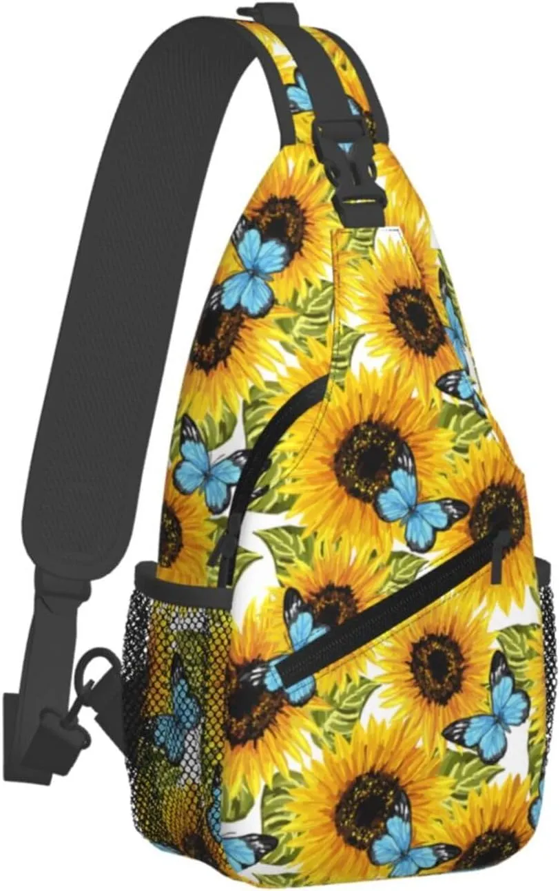 Sunflower Butterflies Crossbody Sling Backpack Sling Bag Adjustable Chest Shoulder Daypack For Women Men
