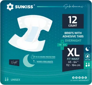 SUNKISS TrustPlus Overnight Adult Diapers with Ultimate Absorbency, Unisex Disposable Incontinence Briefs with Tabs for Men and Women, Odor Control, XLarge, 12 Count