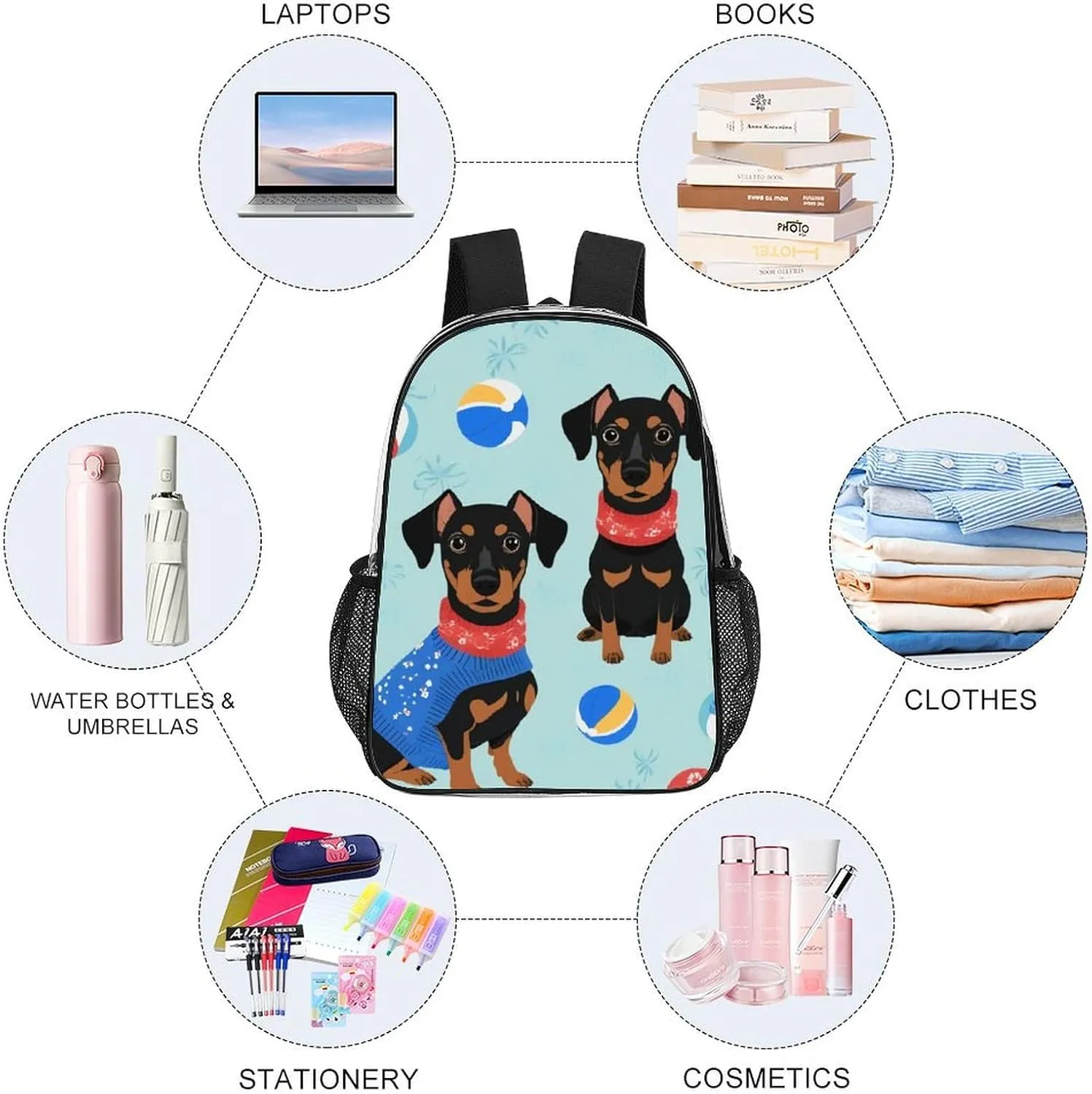 Supdreamc Lightweight Daypack Bookbag for Trekking Business Walking Cycling - Big Capacity Transparent Multipurpose Carry On Bag, Miniature Pinscher Pool Business Computer Bag