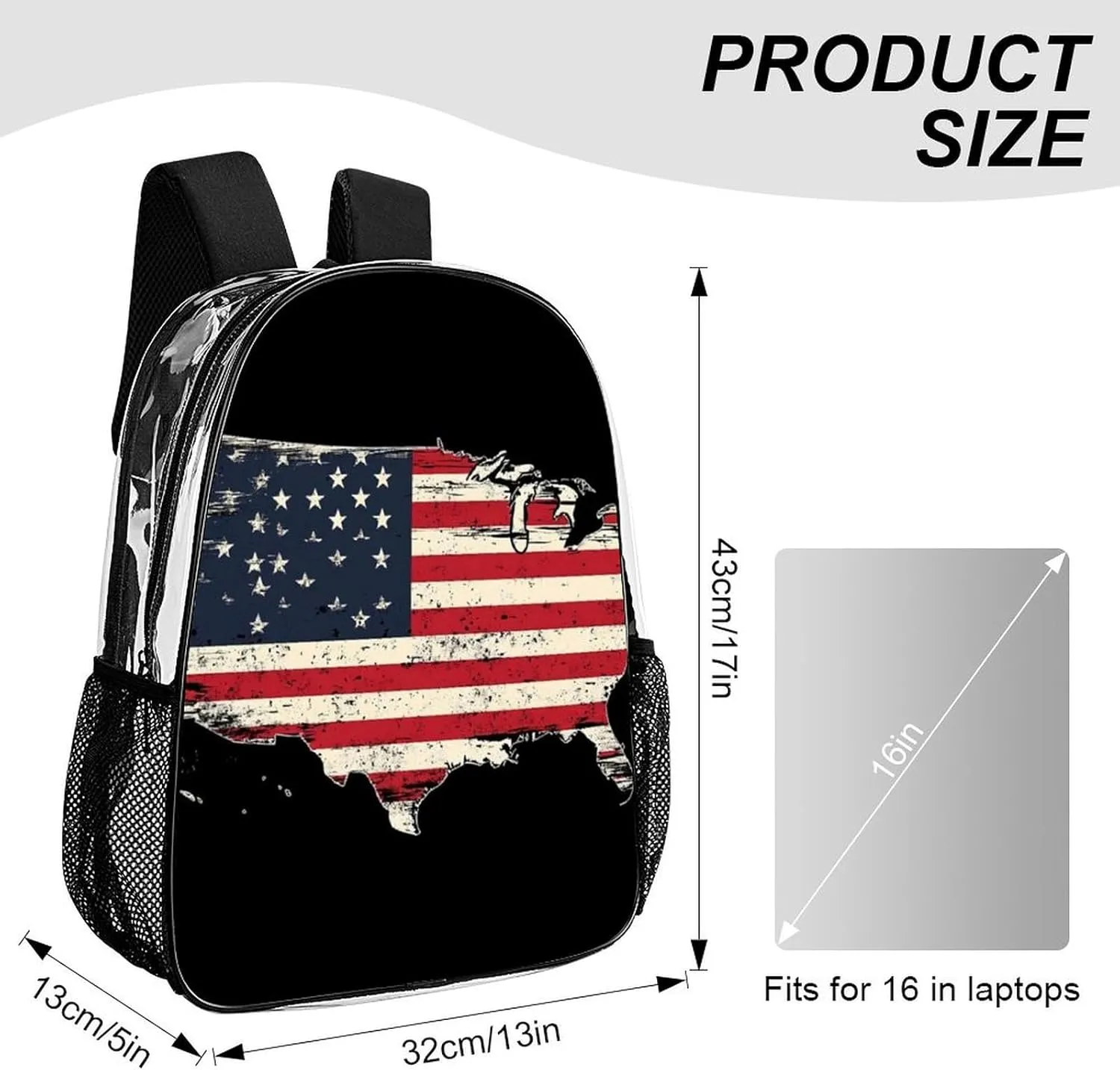 Supdreamc Lightweight Daypack for Camping Business Walking Cycling - Large Capacity Transparent Multipurpose Bookbag, American Flag Patriotic Usa Map Gym Outdoor Hiking Backpack