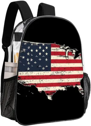 Supdreamc Lightweight Daypack for Camping Business Walking Cycling - Large Capacity Transparent Multipurpose Bookbag, American Flag Patriotic Usa Map Gym Outdoor Hiking Backpack