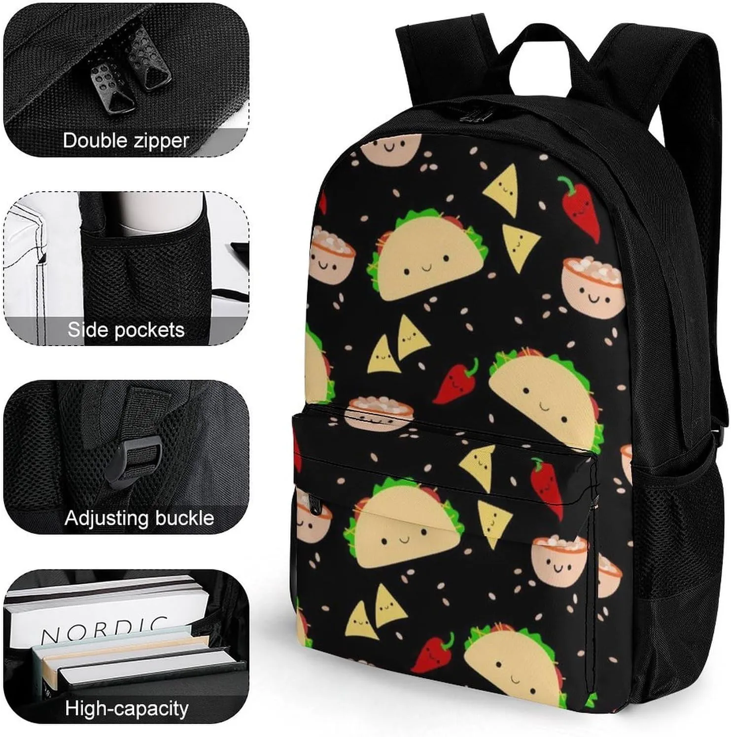 Supdreamc Men Women Polyester Taco Tuesday Party Art Daypack Big Capacity Shoulder Bag With Smooth Zippers for Hiking Work Walking Cycling
