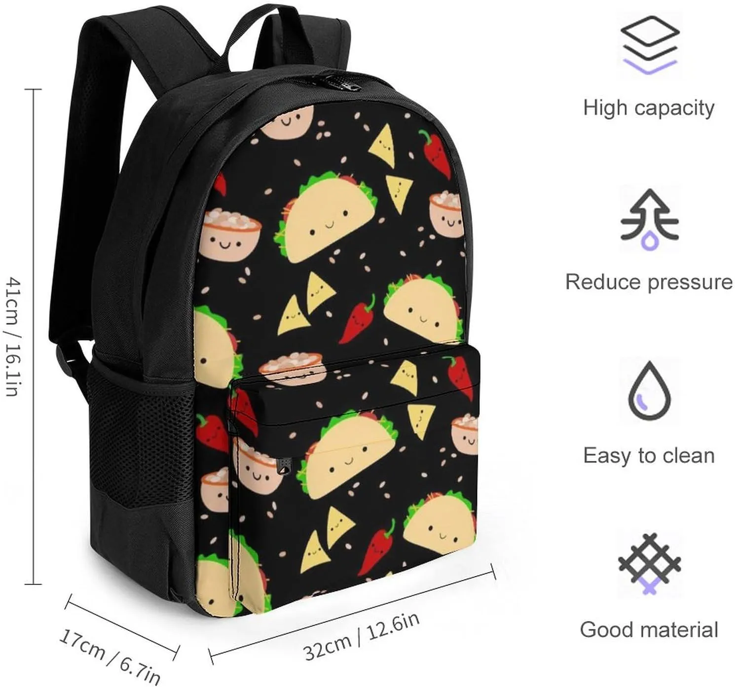 Supdreamc Men Women Polyester Taco Tuesday Party Art Daypack Big Capacity Shoulder Bag With Smooth Zippers for Hiking Work Walking Cycling