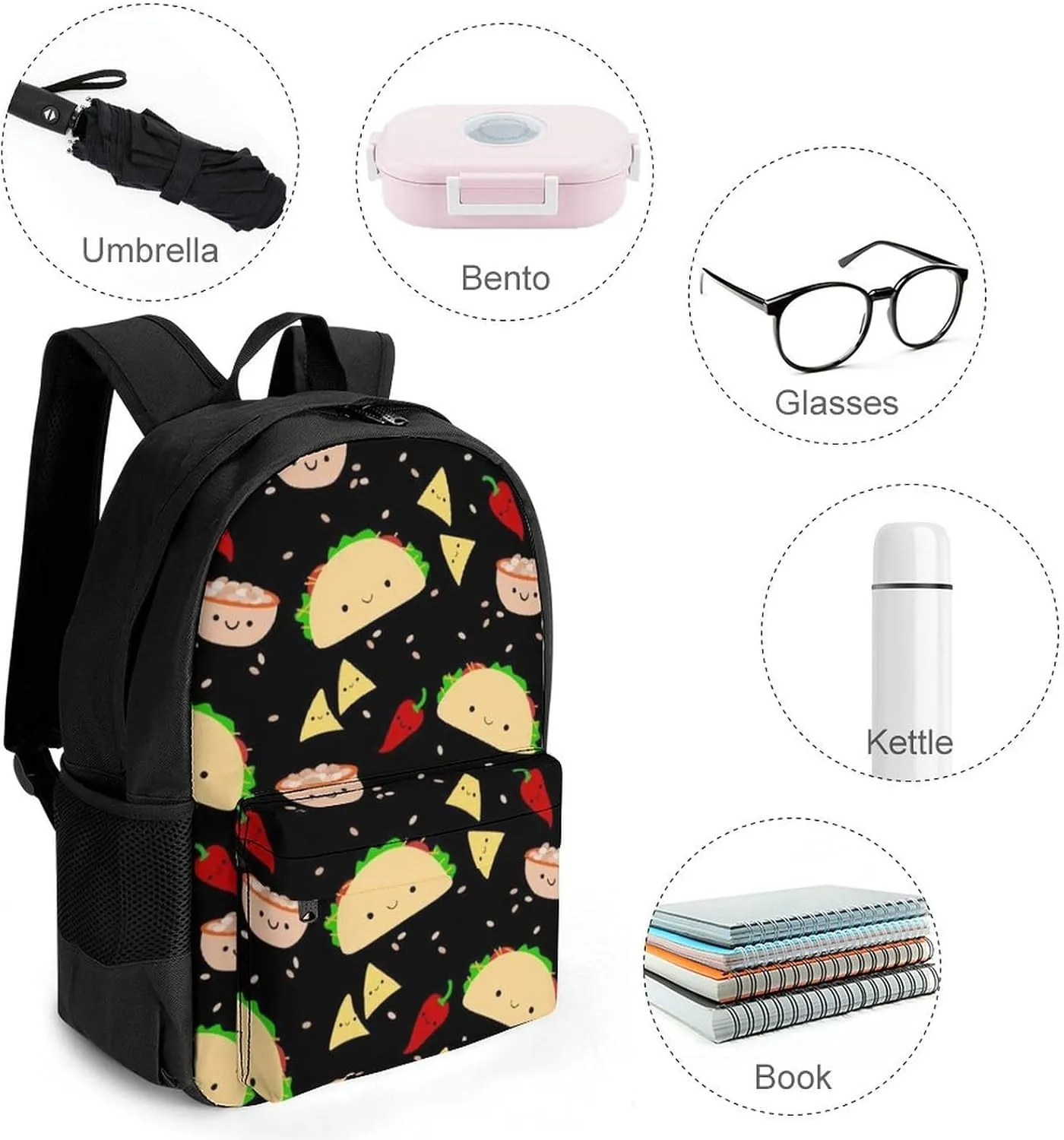 Supdreamc Men Women Polyester Taco Tuesday Party Art Daypack Big Capacity Shoulder Bag With Smooth Zippers for Hiking Work Walking Cycling