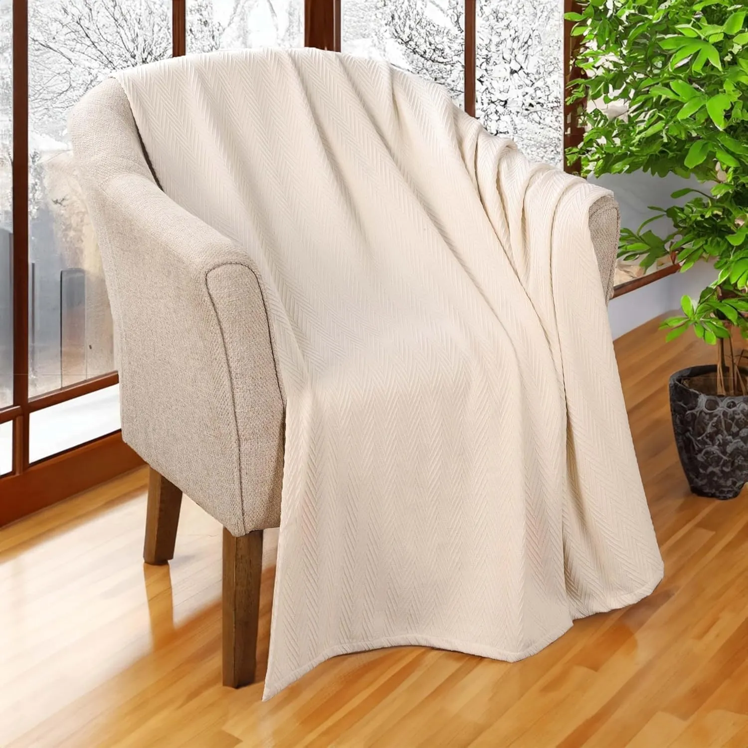 Superior Metro All-Season Cotton Blanket, Woven Blanket for Couch, Bed, Bedding, Farmhouse, Home Essentials, Cute and Cozy Bohemian Blankets, Herringbone Weave, Full/Queen, Ivory