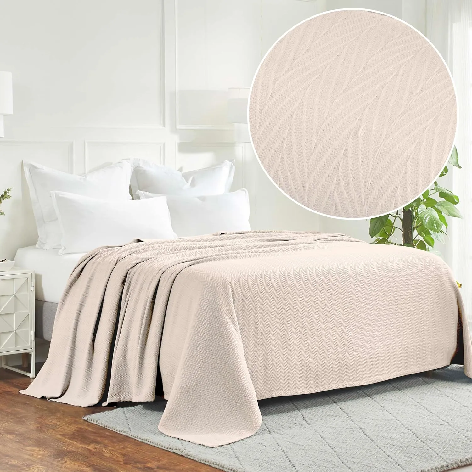 Superior Metro All-Season Cotton Blanket, Woven Blanket for Couch, Bed, Bedding, Farmhouse, Home Essentials, Cute and Cozy Bohemian Blankets, Herringbone Weave, Full/Queen, Ivory