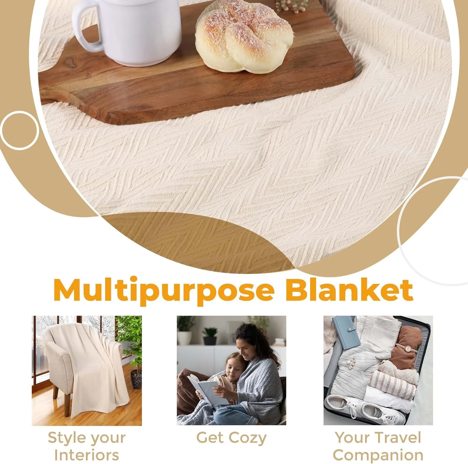 Superior Metro All-Season Cotton Blanket, Woven Blanket for Couch, Bed, Bedding, Farmhouse, Home Essentials, Cute and Cozy Bohemian Blankets, Herringbone Weave, Full/Queen, Ivory