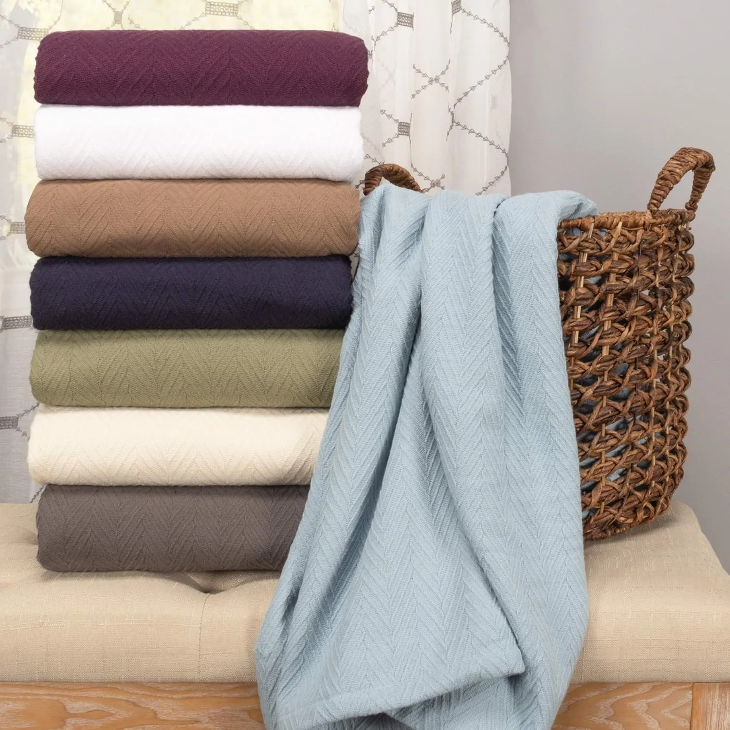 Superior Metro All-Season Cotton Blanket, Woven Blanket for Couch, Bed, Bedding, Farmhouse, Home Essentials, Cute and Cozy Bohemian Blankets, Herringbone Weave, Full/Queen, Ivory