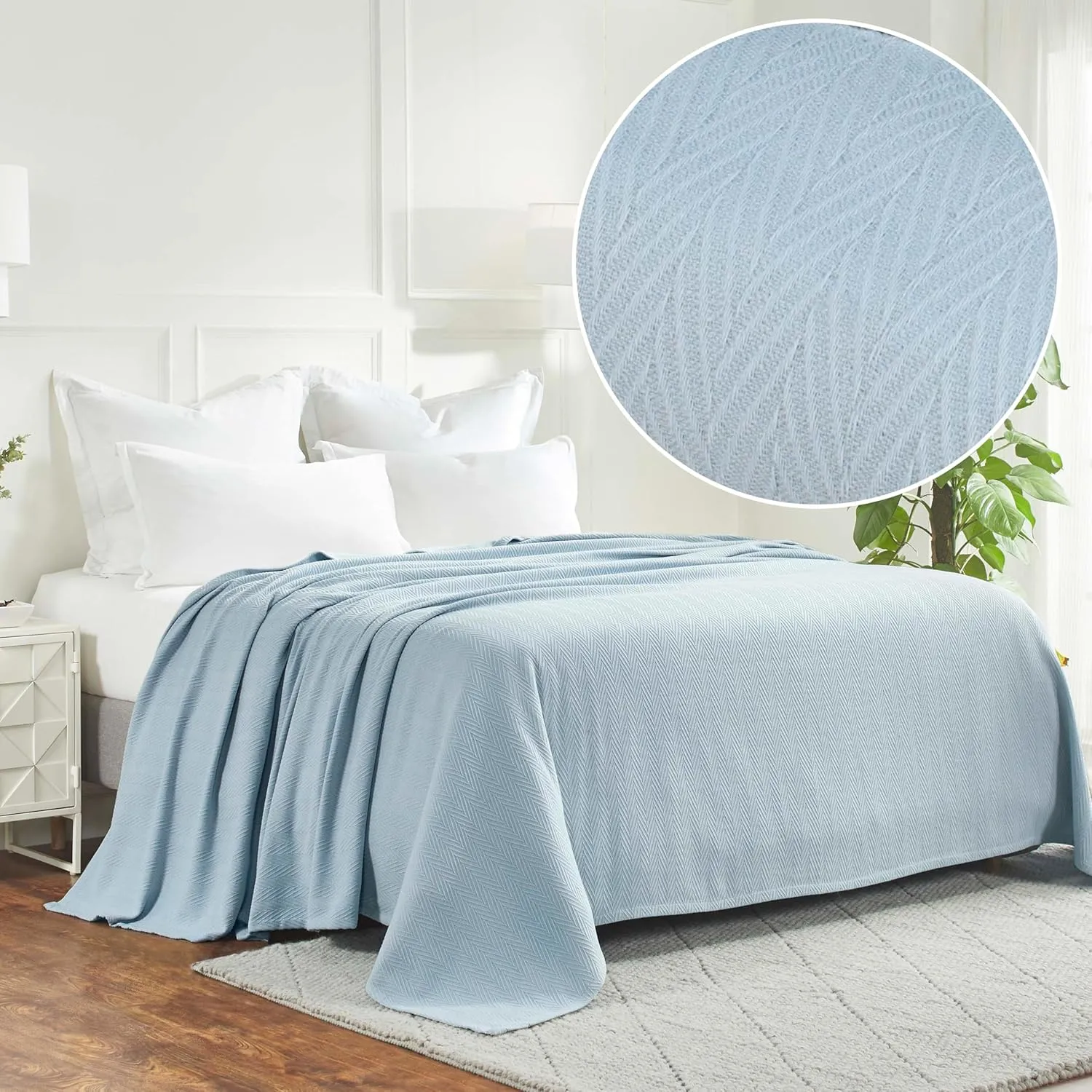 Superior Metro All-Season Cotton Blanket, Woven Blanket for Couch, Bed, Bedding, Farmhouse, Home Essentials, Cute and Cozy Bohemian Blankets, Herringbone Weave, King, Light Blue