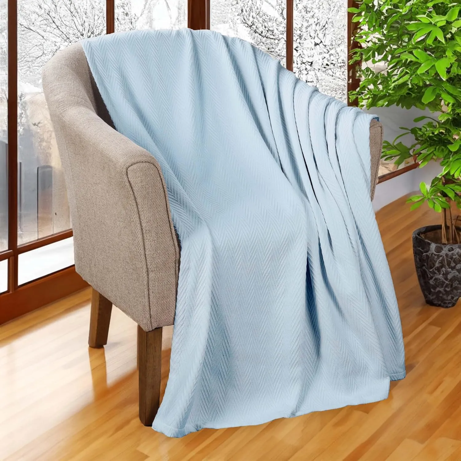 Superior Metro All-Season Cotton Blanket, Woven Blanket for Couch, Bed, Bedding, Farmhouse, Home Essentials, Cute and Cozy Bohemian Blankets, Herringbone Weave, King, Light Blue