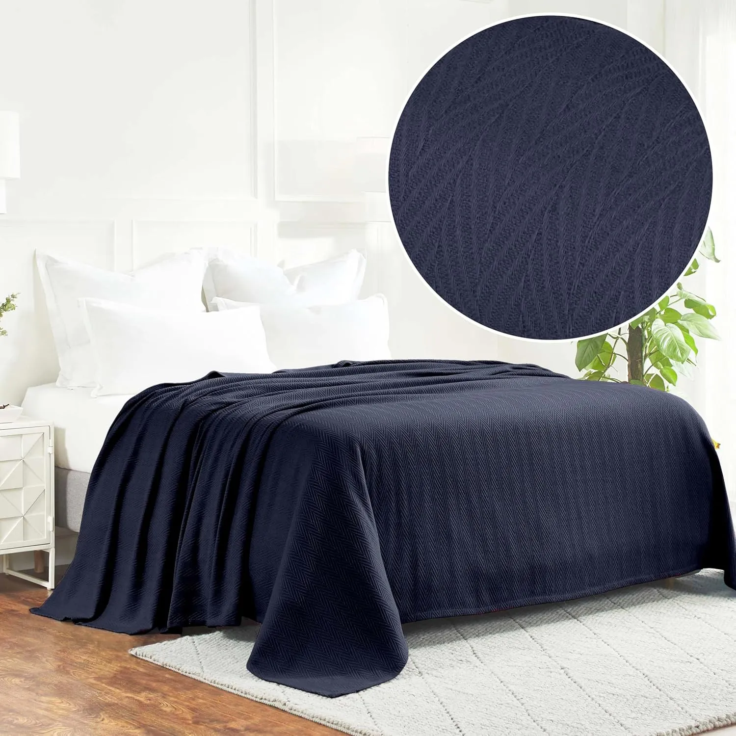 Superior Metro All-Season Cotton Blanket, Woven Blanket for Couch, Bed, Bedding, Farmhouse, Home Essentials, Cute and Cozy Bohemian Blankets, Herringbone Weave, King, Navy Blue