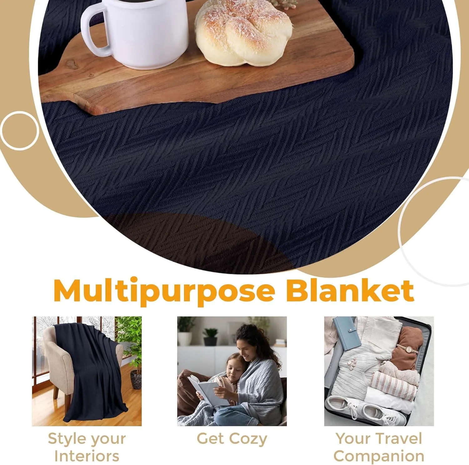 Superior Metro All-Season Cotton Blanket, Woven Blanket for Couch, Bed, Bedding, Farmhouse, Home Essentials, Cute and Cozy Bohemian Blankets, Herringbone Weave, King, Navy Blue