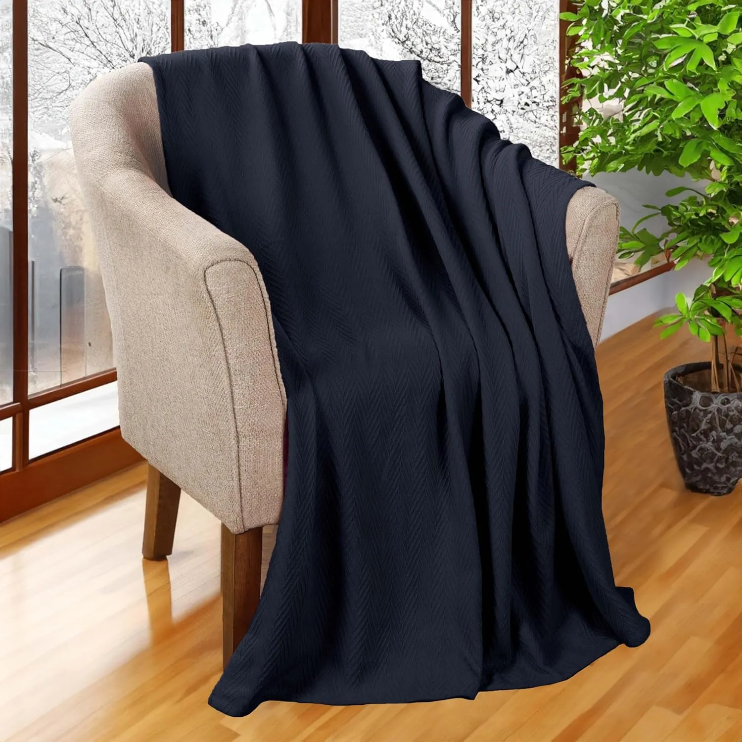 Superior Metro All-Season Cotton Blanket, Woven Blanket for Couch, Bed, Bedding, Farmhouse, Home Essentials, Cute and Cozy Bohemian Blankets, Herringbone Weave, King, Navy Blue