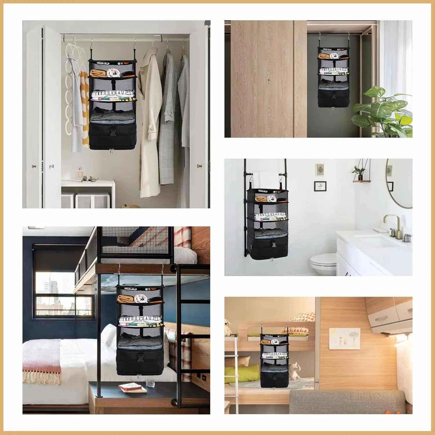 Surblue Hanging Closet Storage Bag Collapsible 3-Shelf Washable Oxford Fabric with 2 Hooks (L 11.41 * 11.41 * 19.68in, Black)