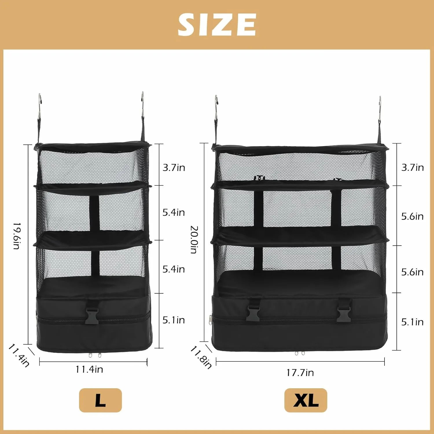 Surblue Hanging Closet Storage Bag Collapsible 3-Shelf Washable Oxford Fabric with 2 Hooks (L 11.41 * 11.41 * 19.68in, Black)