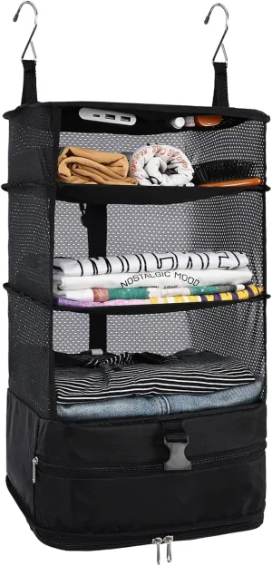 Surblue Hanging Closet Storage Bag Collapsible 3-Shelf Washable Oxford Fabric with 2 Hooks (L 11.41 * 11.41 * 19.68in, Black)
