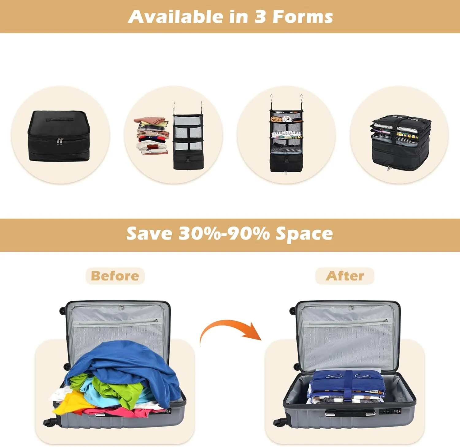 Surblue Hanging Closet Storage Bag Collapsible 3-Shelf Washable Oxford Fabric with 2 Hooks (L 11.41 * 11.41 * 19.68in, Black)