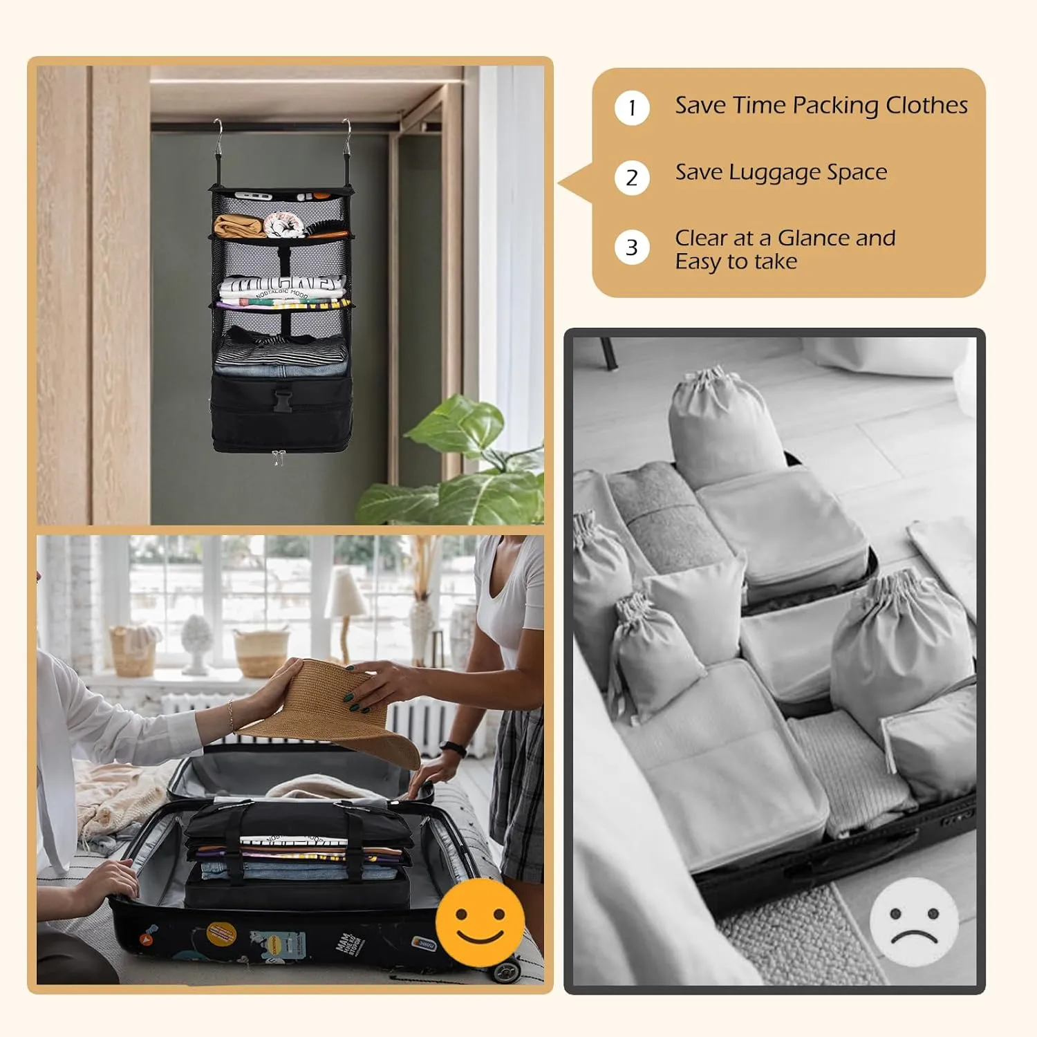 Surblue Hanging Closet Storage Bag Collapsible 3-Shelf Washable Oxford Fabric with 2 Hooks (L 11.41 * 11.41 * 19.68in, Black)