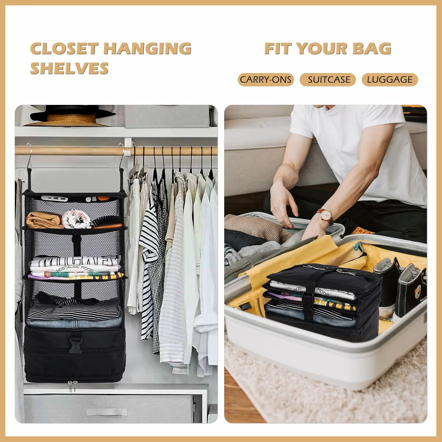 Surblue Hanging Closet Storage Bag Collapsible 3-Shelf Washable Oxford Fabric with 2 Hooks (L 11.41 * 11.41 * 19.68in, Black)