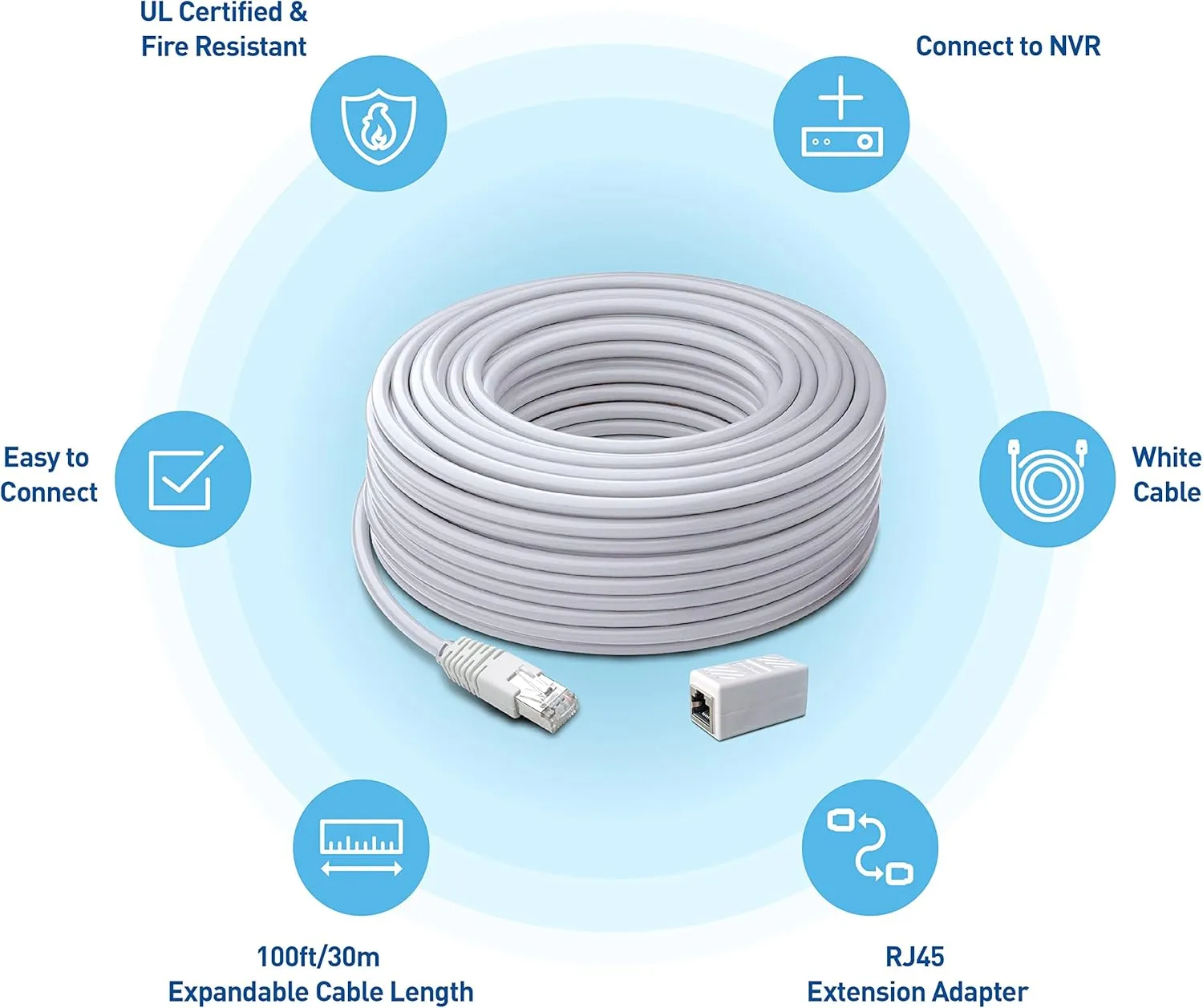 Swann Security Cat5 Ethernet Cable, NVR Extension Cord for PoE Camera, 100 Ft/30M, SWNHD-30MCAT5E