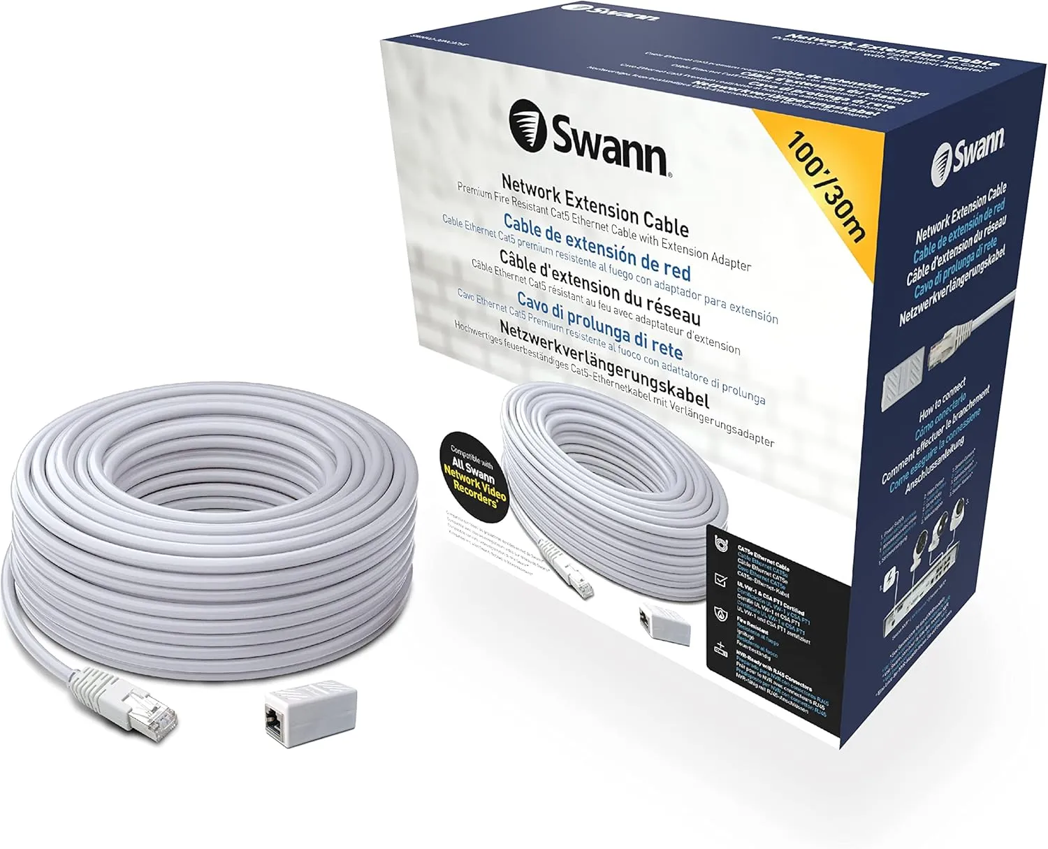 Swann Security Cat5 Ethernet Cable, NVR Extension Cord for PoE Camera, 100 Ft/30M, SWNHD-30MCAT5E