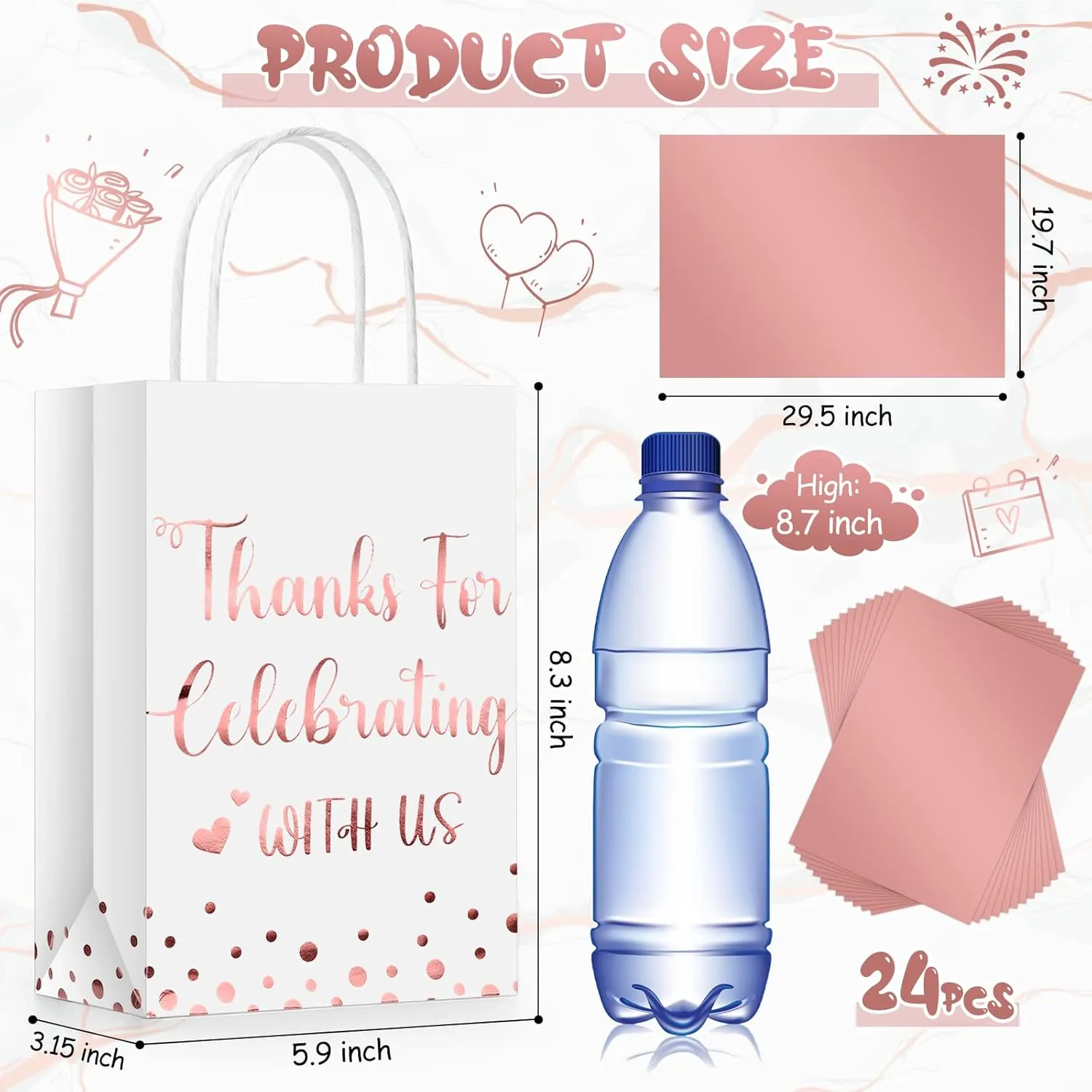 TaoBary 24 Pcs Wedding Gift Bag with Tissue Paper Thanks for Celebrating with Us Paper Bags with Handle for Hotel Guests Wedding Gift Favor for Bridal Shower Party(Rose Gold)