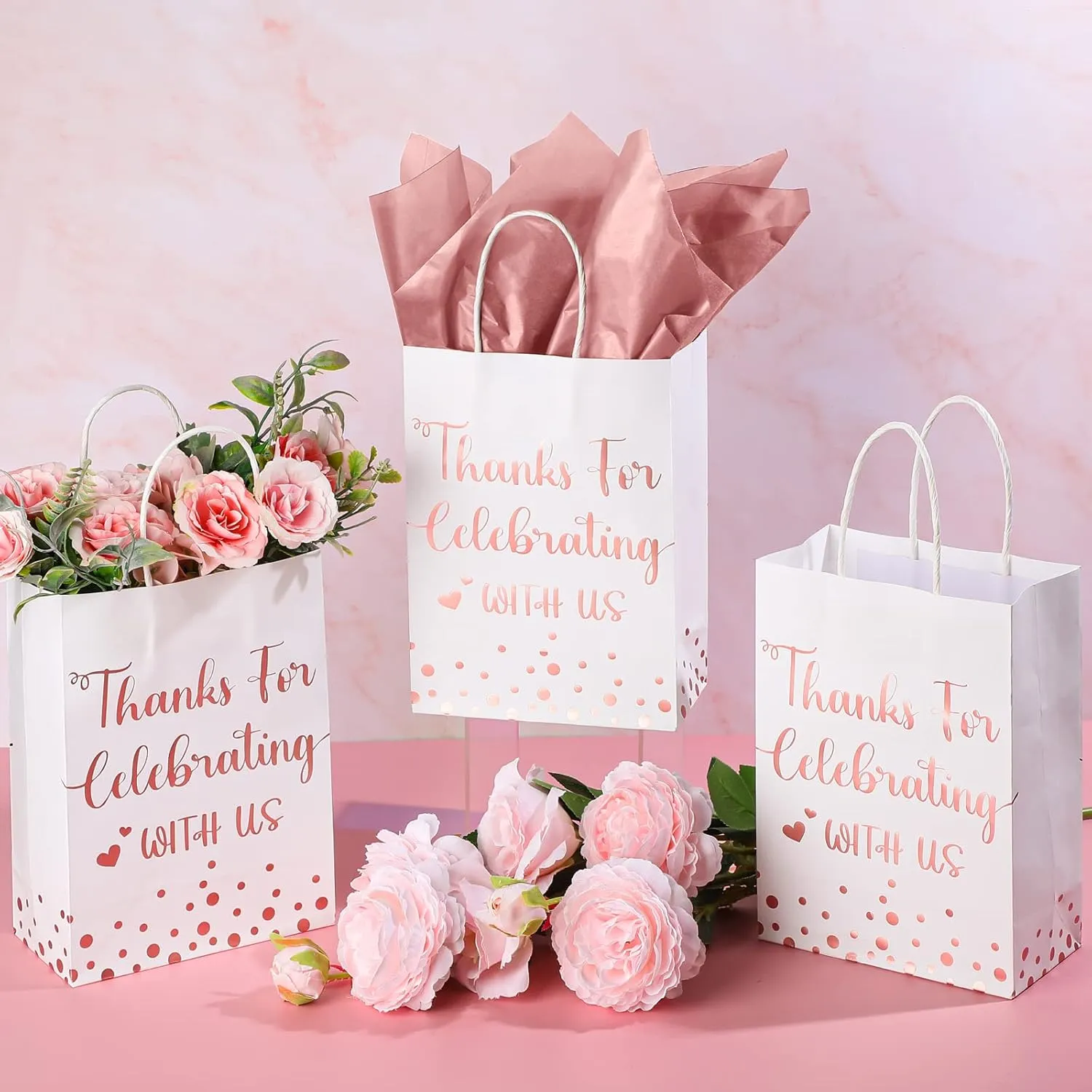 TaoBary 24 Pcs Wedding Gift Bag with Tissue Paper Thanks for Celebrating with Us Paper Bags with Handle for Hotel Guests Wedding Gift Favor for Bridal Shower Party(Rose Gold)