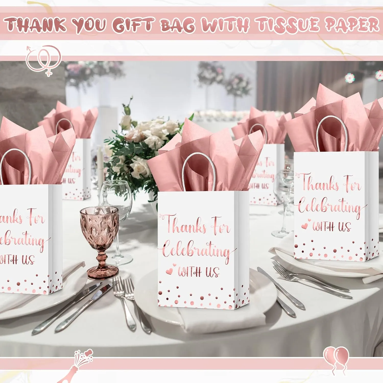 TaoBary 24 Pcs Wedding Gift Bag with Tissue Paper Thanks for Celebrating with Us Paper Bags with Handle for Hotel Guests Wedding Gift Favor for Bridal Shower Party(Rose Gold)