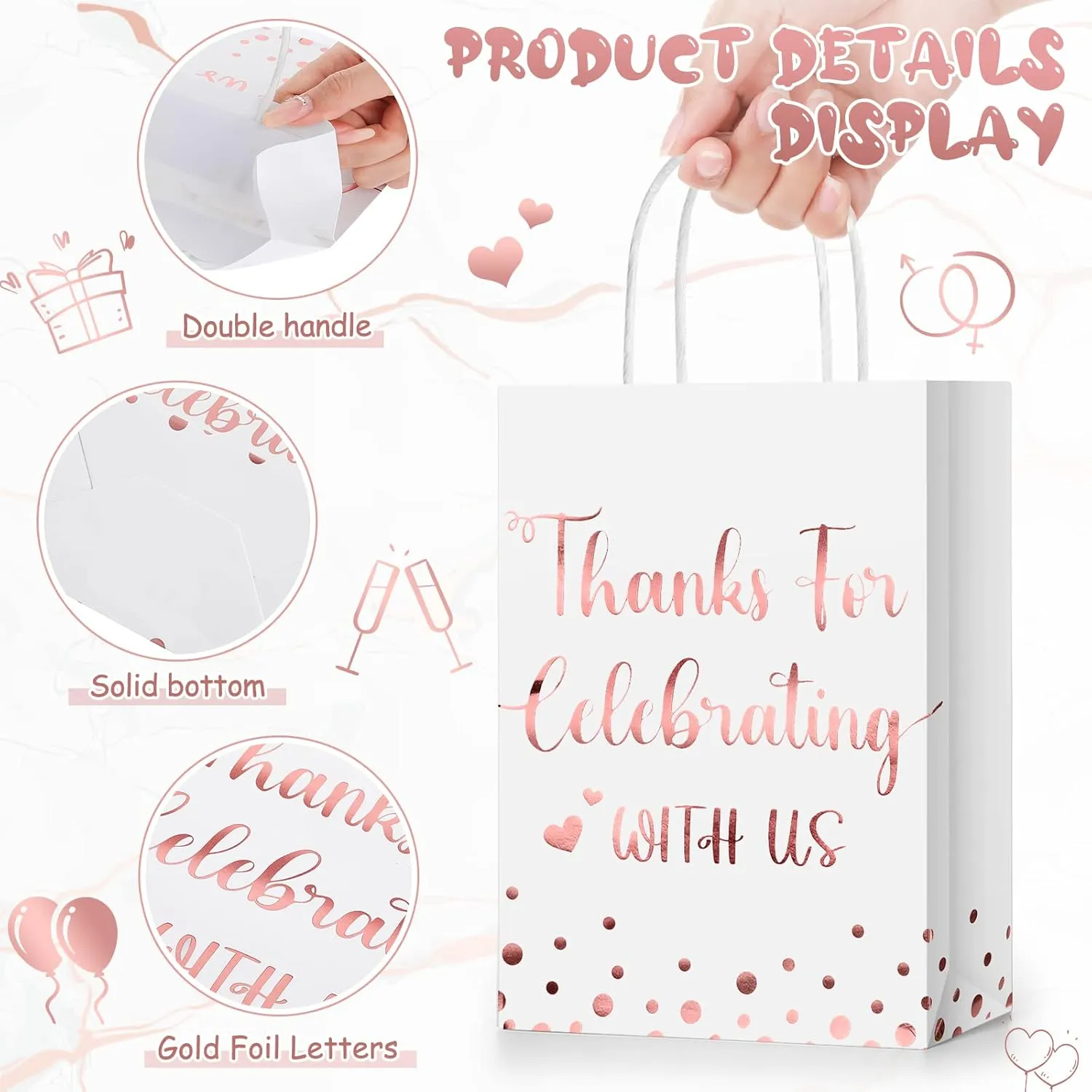 TaoBary 24 Pcs Wedding Gift Bag with Tissue Paper Thanks for Celebrating with Us Paper Bags with Handle for Hotel Guests Wedding Gift Favor for Bridal Shower Party(Rose Gold)