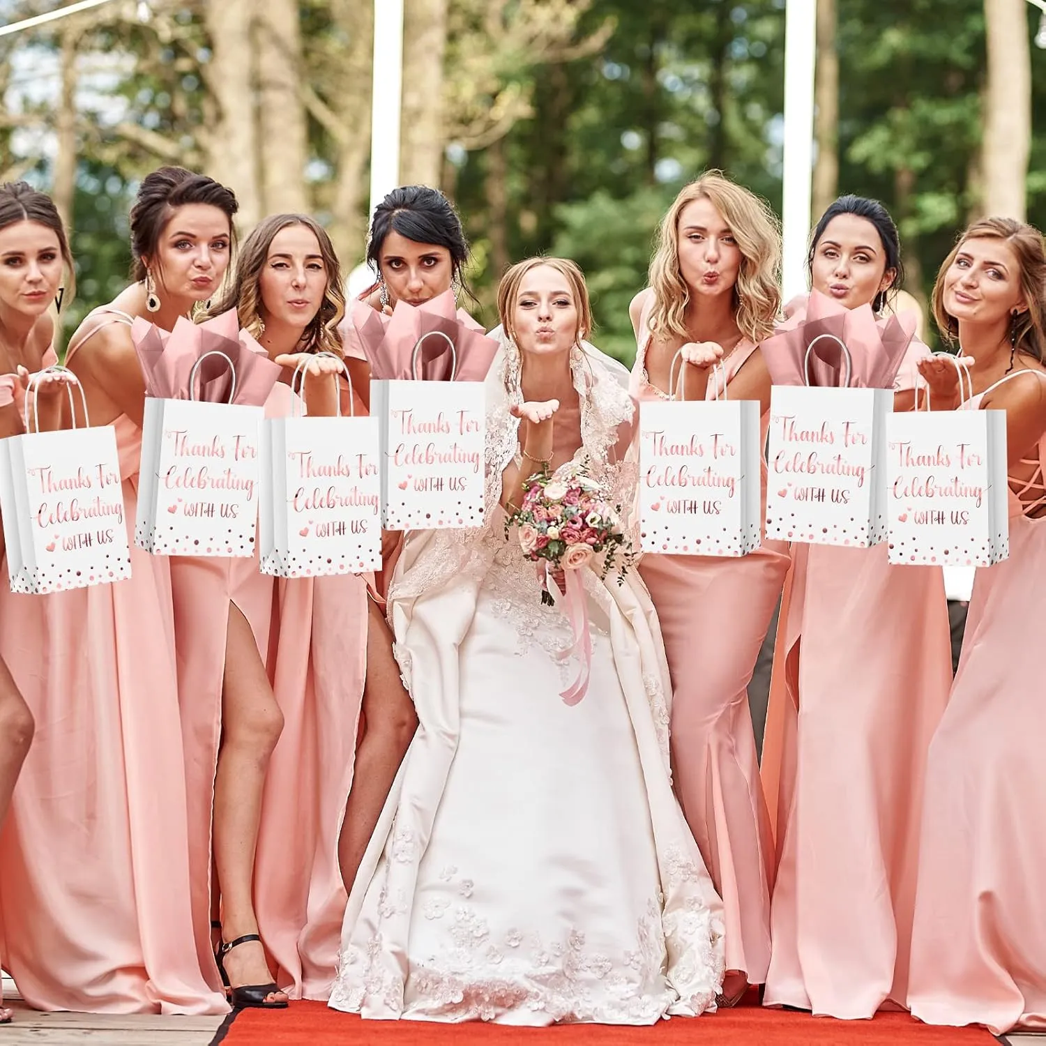 TaoBary 24 Pcs Wedding Gift Bag with Tissue Paper Thanks for Celebrating with Us Paper Bags with Handle for Hotel Guests Wedding Gift Favor for Bridal Shower Party(Rose Gold)