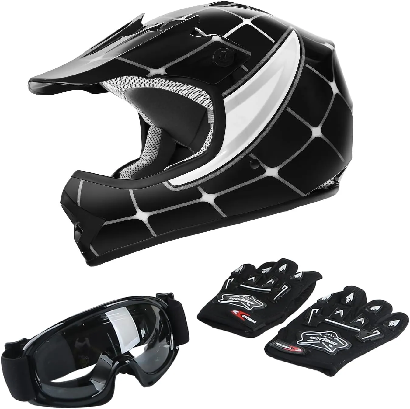 TCT-MOTORPARTS DOT Youth Kids Motocross ATV Helmets Offroad Street Dirt Bike Go-Kart BMX MX Full Face Helmet Black Spider Medium Size
