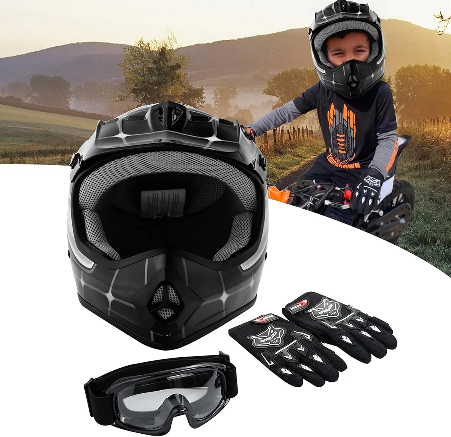 TCT-MOTORPARTS DOT Youth Kids Motocross ATV Helmets Offroad Street Dirt Bike Go-Kart BMX MX Full Face Helmet Black Spider Medium Size