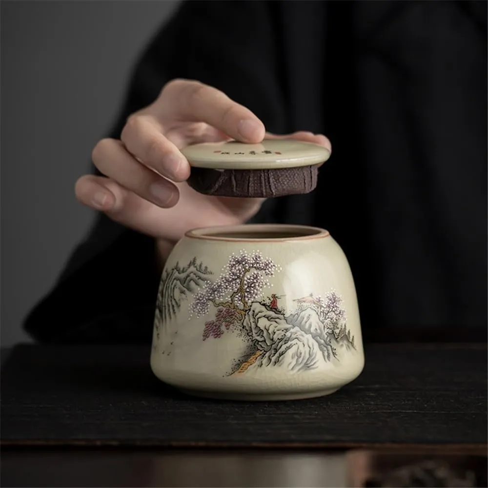 Tea Canister Ceramic Tea Caddy Household Tea Storage Container Tins Jar with Airtight Lid for Coffee, Nuts, Herb, Spice, Sugar Tea Caddy(Gris)