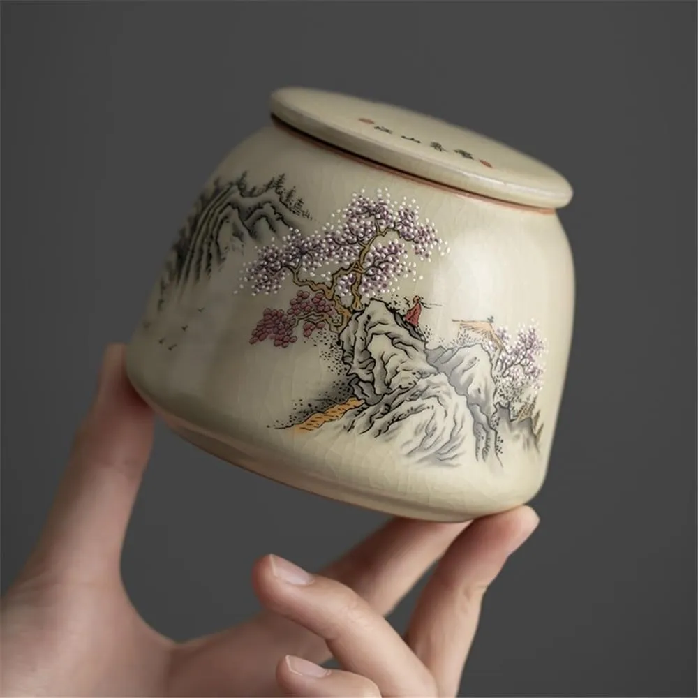 Tea Canister Ceramic Tea Caddy Household Tea Storage Container Tins Jar with Airtight Lid for Coffee, Nuts, Herb, Spice, Sugar Tea Caddy(Gris)