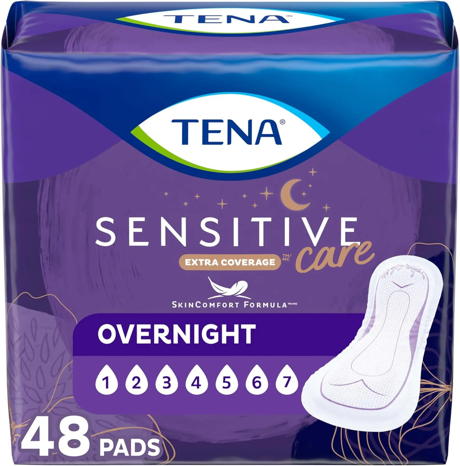 TENA Sensitive Care Incontinence Pads, Bladder Control, Postpartum for Women, Overnight Absorbency, Extra Coverage, 48 Count
