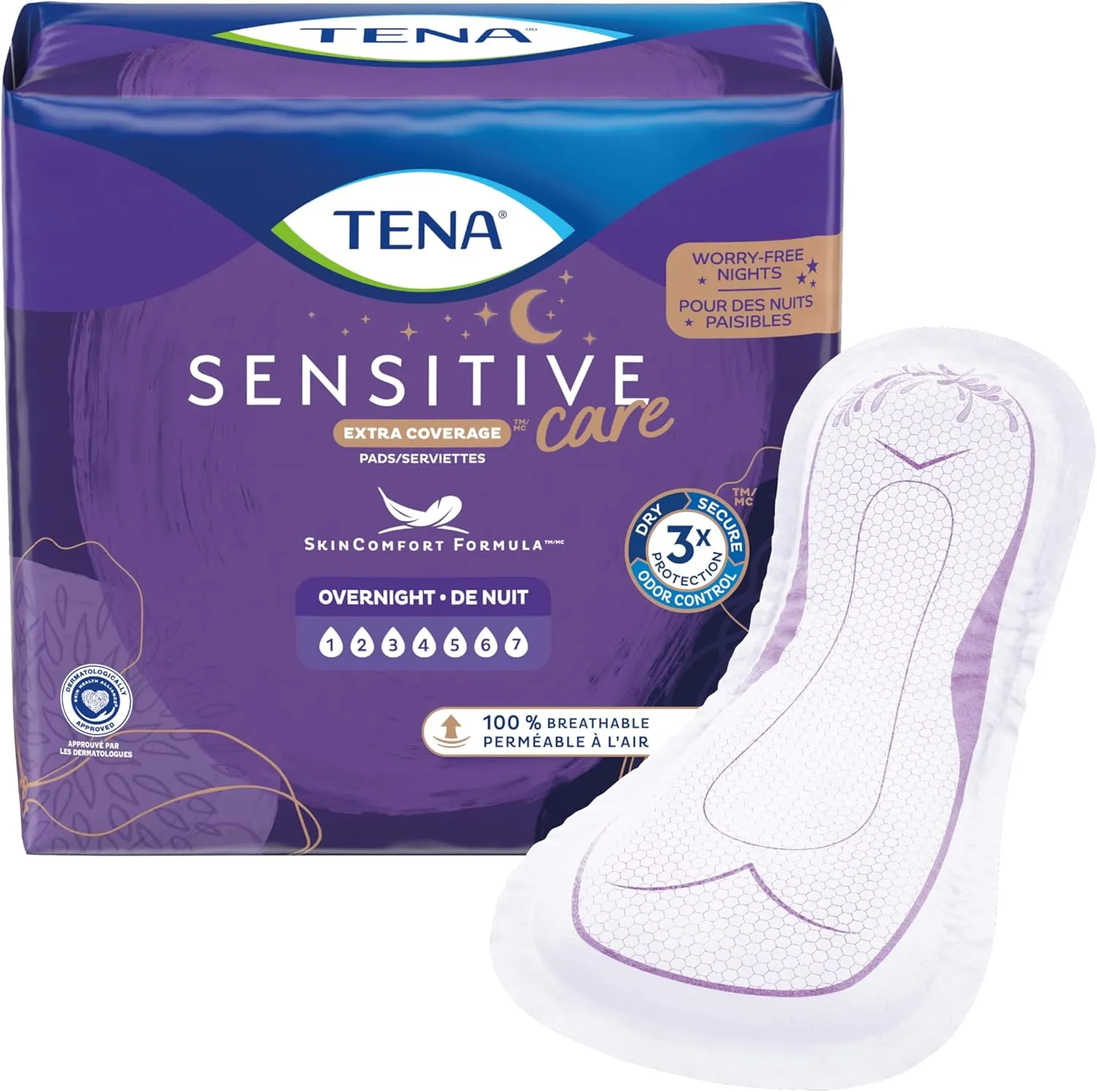 TENA Sensitive Care Incontinence Pads, Bladder Control, Postpartum for Women, Overnight Absorbency, Extra Coverage, 48 Count