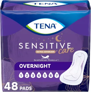 TENA Sensitive Care Incontinence Pads, Bladder Control, Postpartum for Women, Overnight Absorbency, Extra Coverage, 48 Count