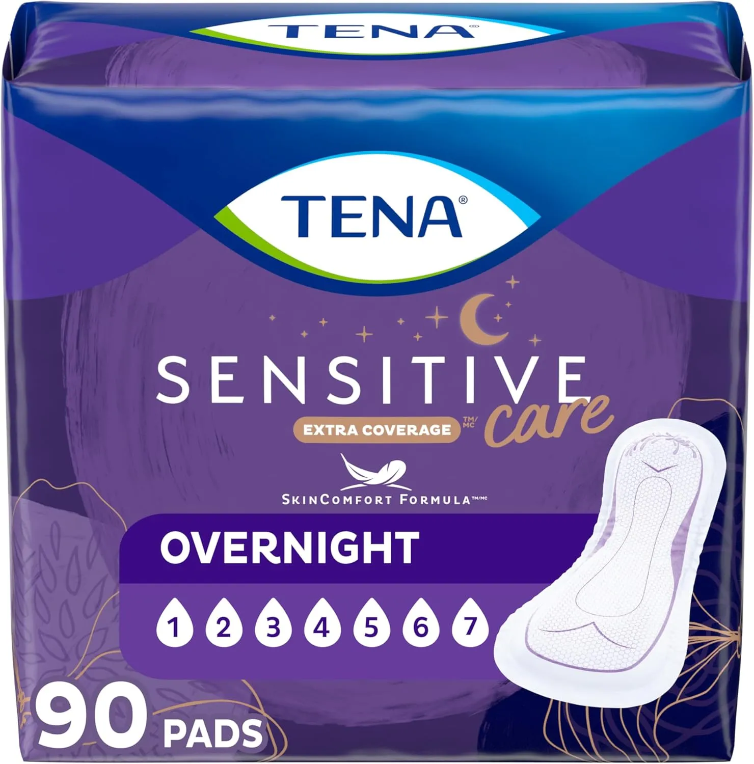 TENA Sensitive Care Incontinence Pads, Bladder Control, Postpartum for Women, Overnight Absorbency, Extra Coverage, 90 Count