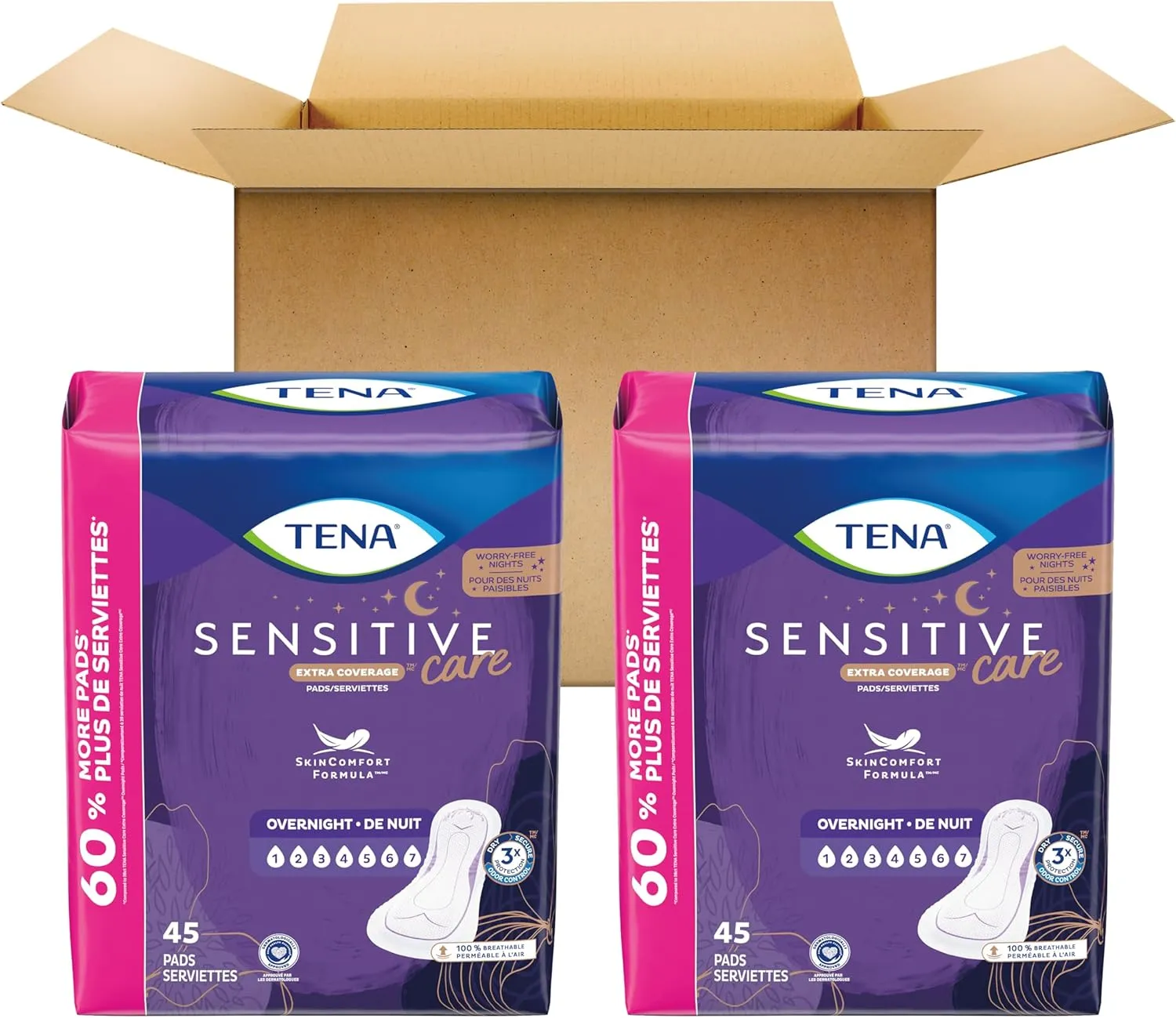 TENA Sensitive Care Incontinence Pads, Bladder Control, Postpartum for Women, Overnight Absorbency, Extra Coverage, 90 Count