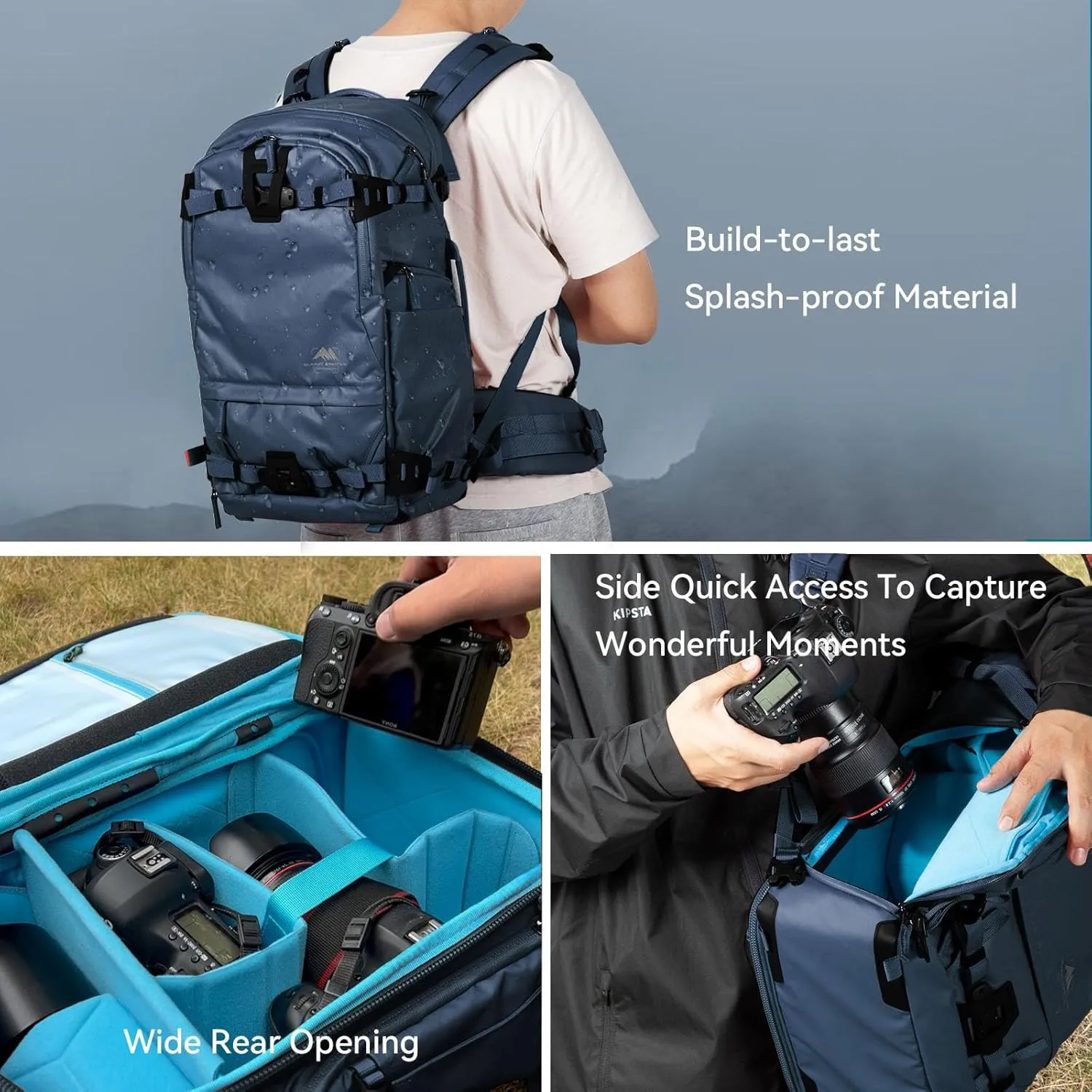 Tenzing 25L Camera Backpack with Rain Cover for Photographers 14 inch Laptop Compartment Waterproof Large Camera Bag for Drone,Cameras, Batteries, Lenses,Tripod(Blue)