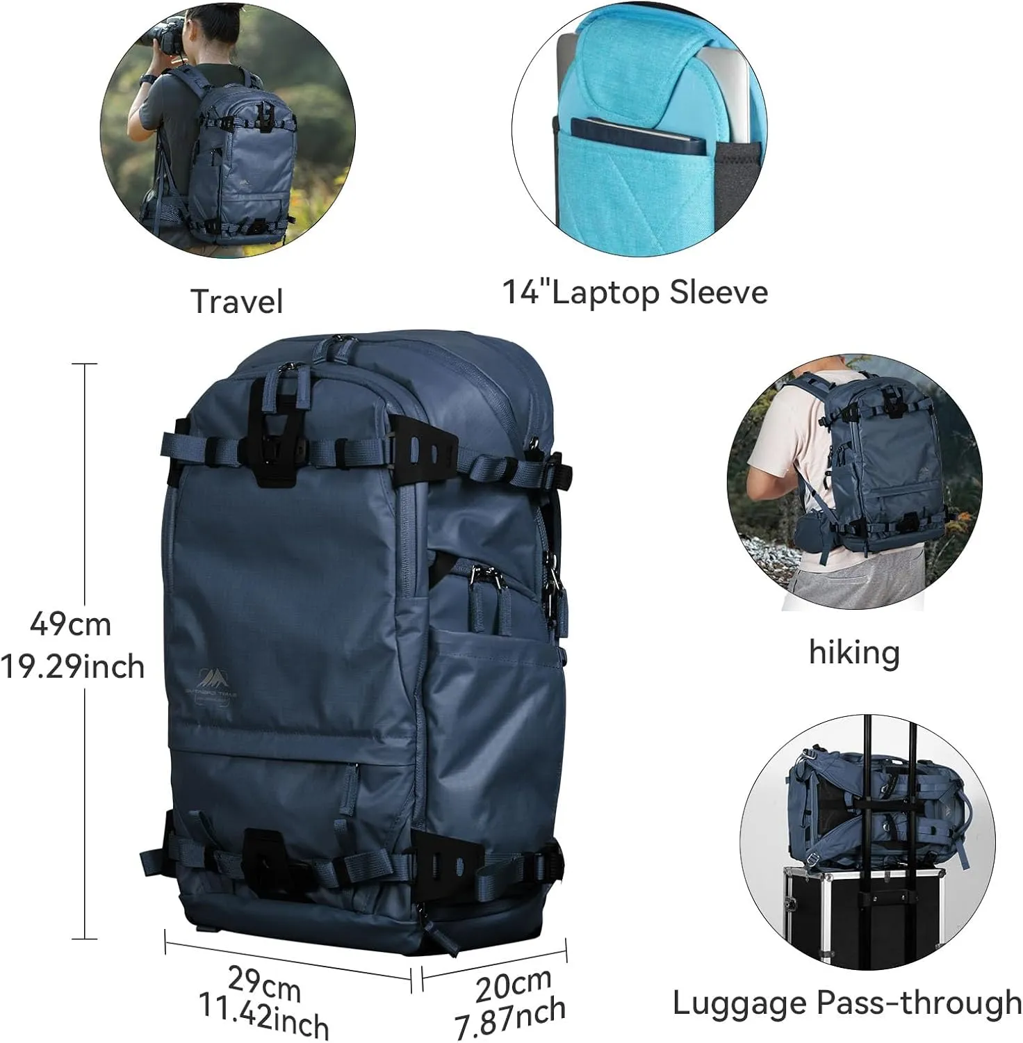 Tenzing 25L Camera Backpack with Rain Cover for Photographers 14 inch Laptop Compartment Waterproof Large Camera Bag for Drone,Cameras, Batteries, Lenses,Tripod(Blue)
