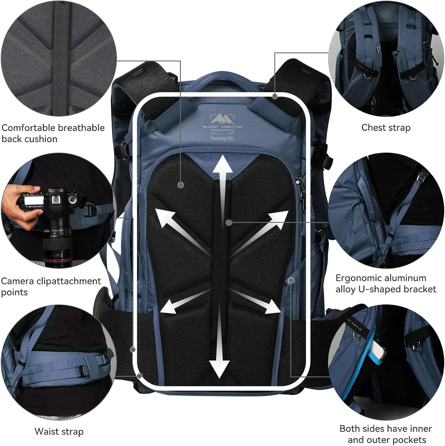 Tenzing 25L Camera Backpack with Rain Cover for Photographers 14 inch Laptop Compartment Waterproof Large Camera Bag for Drone,Cameras, Batteries, Lenses,Tripod(Blue)