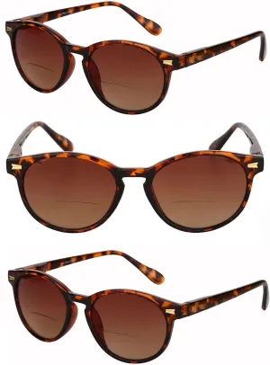 'The Brilliance' 3 Pair of Round Frame Bifocal Reader Sunglasses with Maximum UV Protection & Spring Hinges for Men and Women