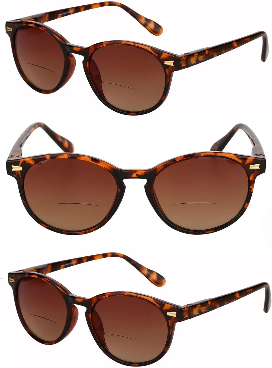'The Brilliance' 3 Pair of Round Frame Bifocal Reader Sunglasses with Maximum UV Protection & Spring Hinges for Men and Women