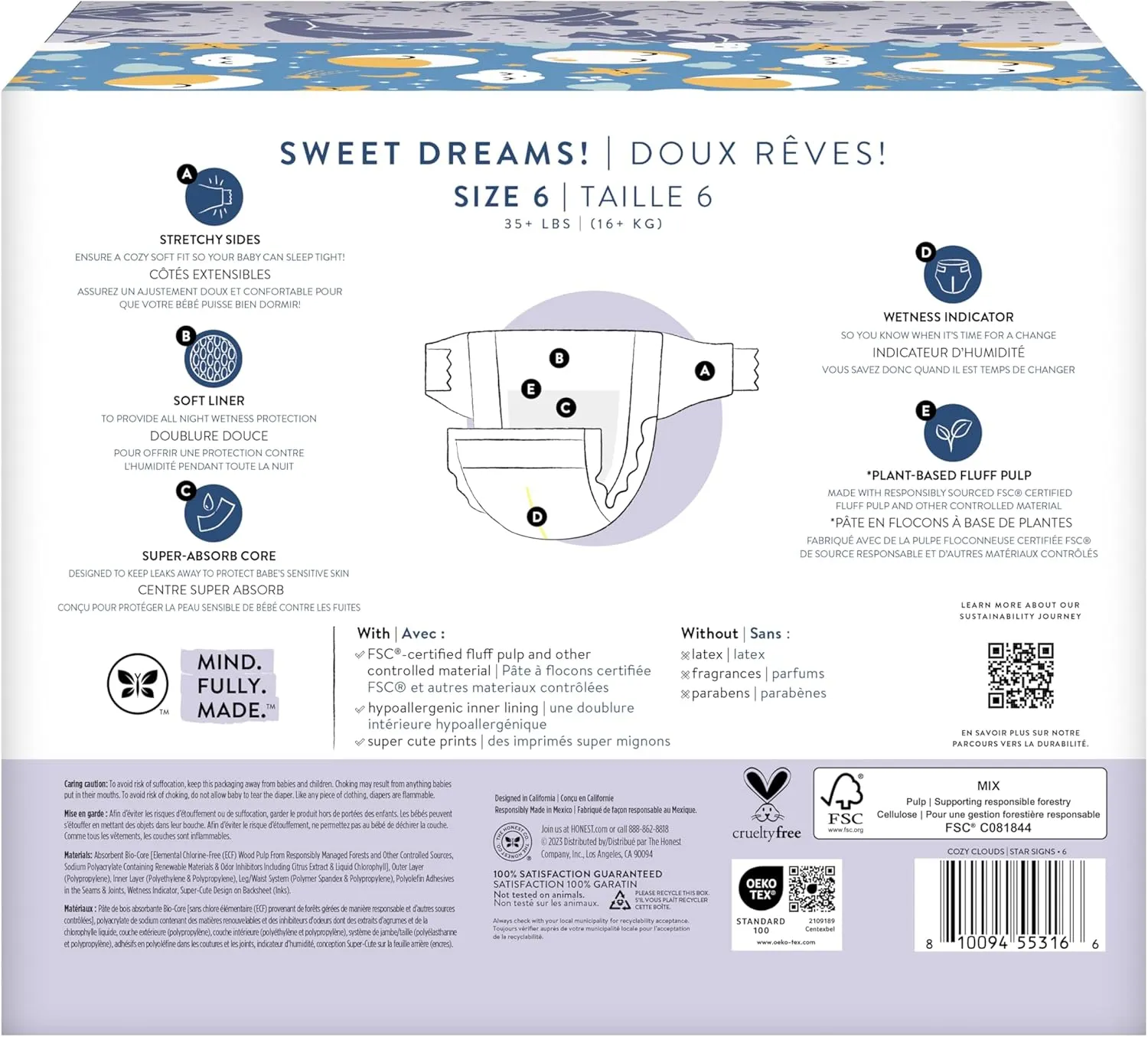 The Honest Company Clean Conscious Overnight Diapers for Sensitive Skin | Hypoallergenic, Fragrance Free | Cozy Cloud   Star Signs | Club Box, Size 6 (35  lbs), 34 Count